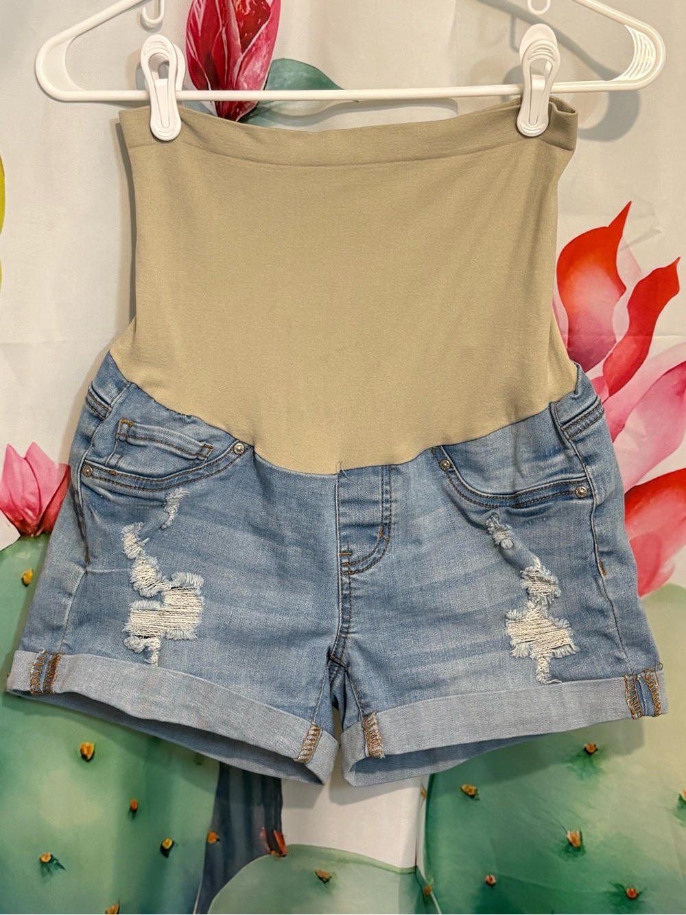 Blue Savvy Women's Maternity Light Wash High Rise Distressed Cuffed Shorts S